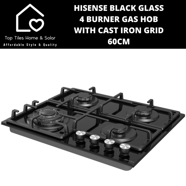 Hisense Black Glass 4 Burner Gas Hob with Cast Iron Grid - 60cm