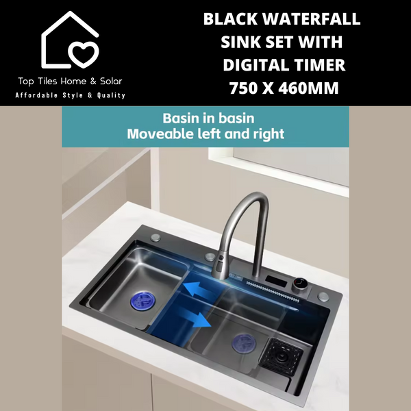 Black Stainless Steel Digital Waterfall Kitchen Sink Set - 750 x 460mm