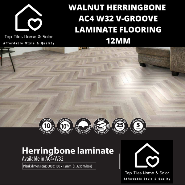 Walnut Herringbone AC4 W32 V-Groove Laminate Flooring - 12mm