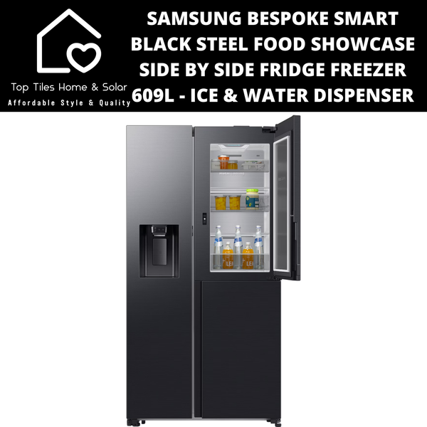 Samsung 3 Door Smart Black Steel Food Showcase Side by Side Fridge Freezer - 609L