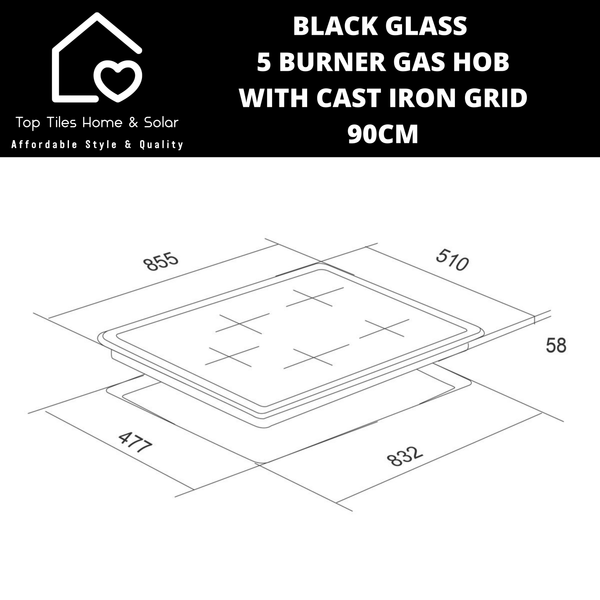 Black Glass 5 Burner Gas Hob with Cast Iron Grid - 90cm