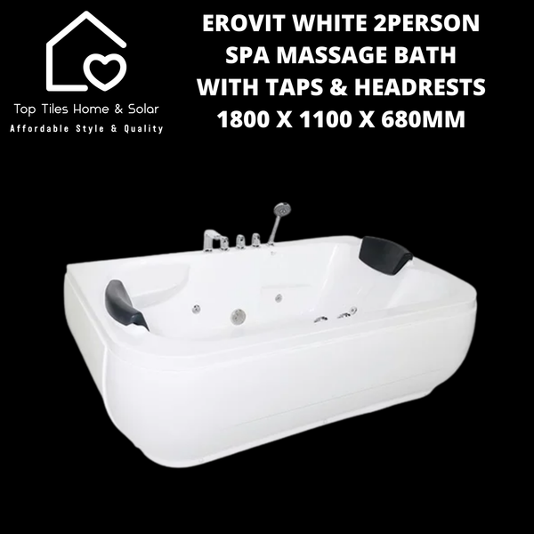 Erovit White Spa 2Person Massage Bath with Taps & Headrests - 1800 x 1100 x 680mm
