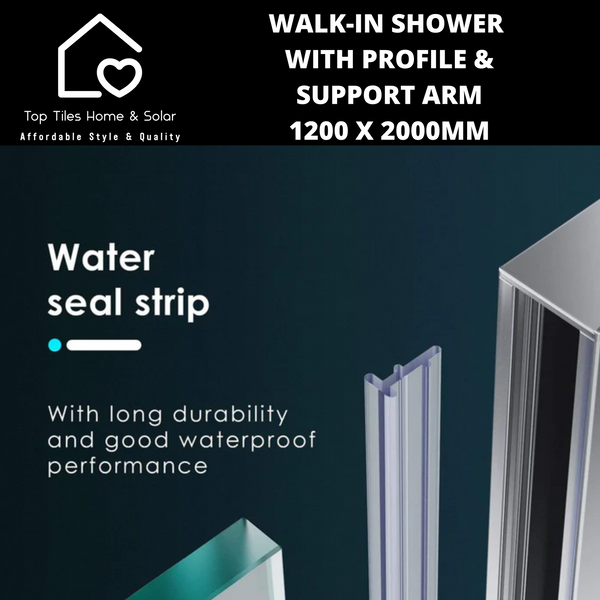 Chrome Walk-in Shower with Support Arm - 1200 x 2000mm