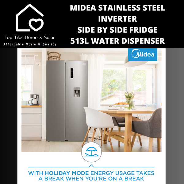Midea Stainless Steel Inverter Side by Side Fridge - 513L Water Dispenser