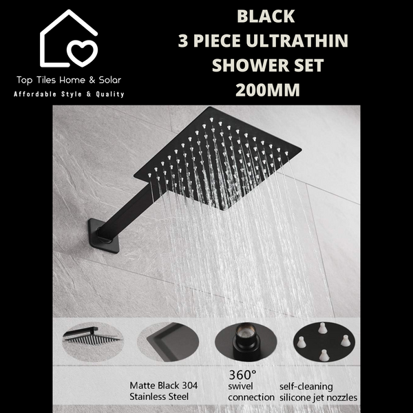 Black 3 Piece Ultrathin Shower Set - 200mm Square