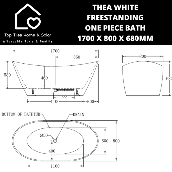 Thea White Freestanding One Piece Bath - 1700 x 800 x 680mm
