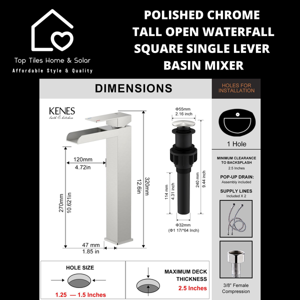 Polished Chrome Tall Open Waterfall Square Single Lever Basin Mixer