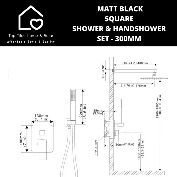 Matt Black Square Shower & Handshower Set - 300mm