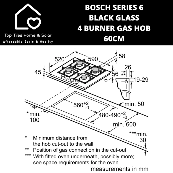 Bosch Series 6 - Black Glass 4 Burner Gas Hob - 60cm