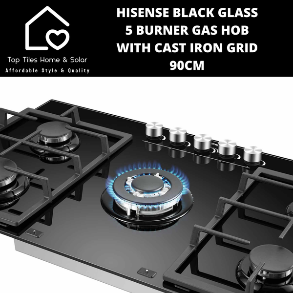 Hisense Black Glass 5 Burner Gas Hob with Cast Iron Grid - 90cm