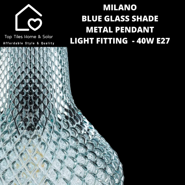 Milano Blue Glass Shade Metal Pendant Light Fitting  - 40W E27 Small