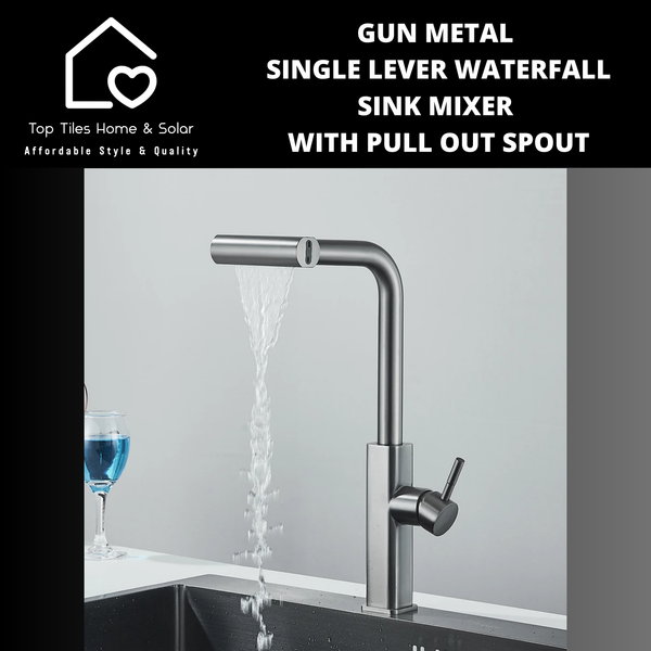 Gun Metal Lever Waterfall Sink Mixer With Pull Out Spout