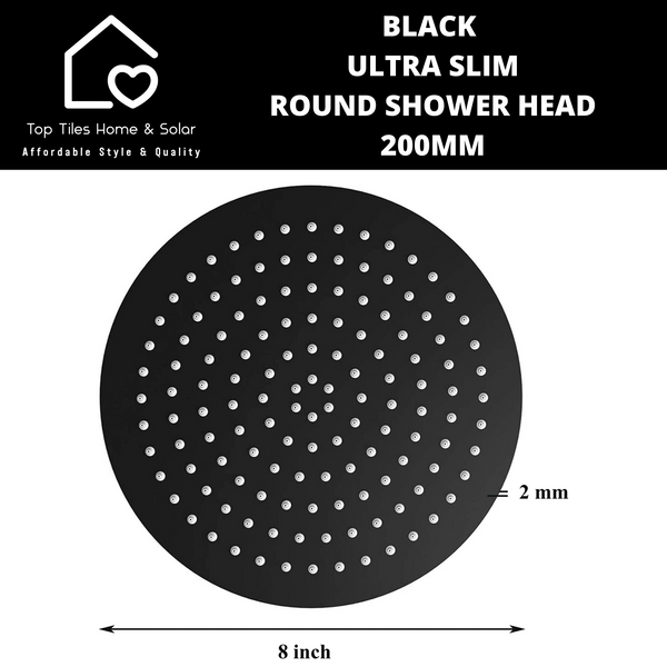 Black Ultra Slim Round Shower Head - 200mm