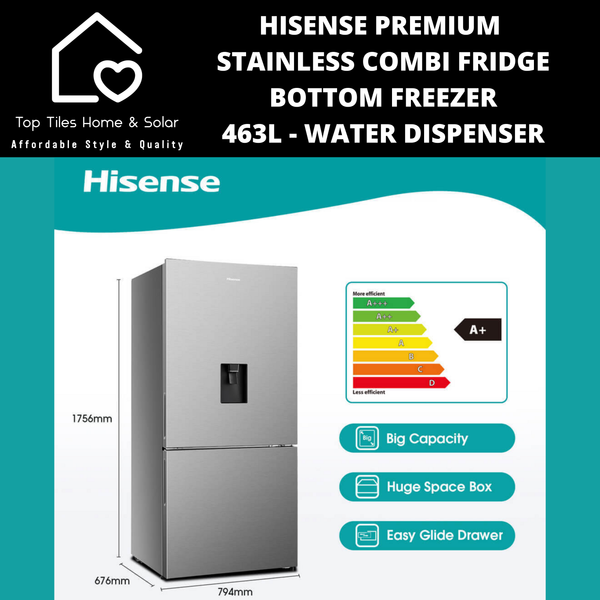 Hisense Premium Stainless Combi Fridge Bottom Freezer  - 463L Water Dispenser