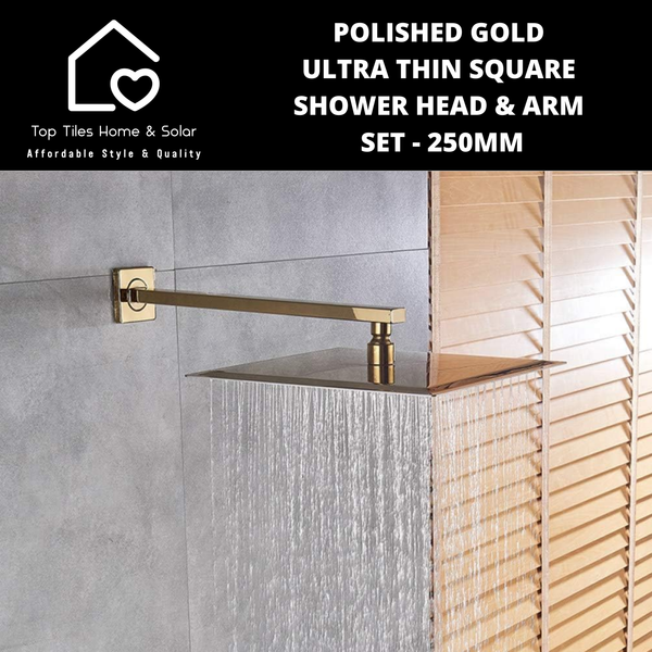 Polished Gold Ultra Thin Square Shower Head & Arm Set - 250mm