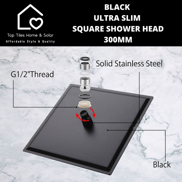 Black Ultra Slim Square Shower Head - 300mm