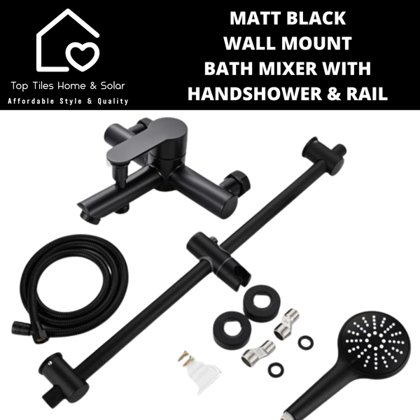 Matt Black Wall Mount Bath Mixer With Handshower & Rail
