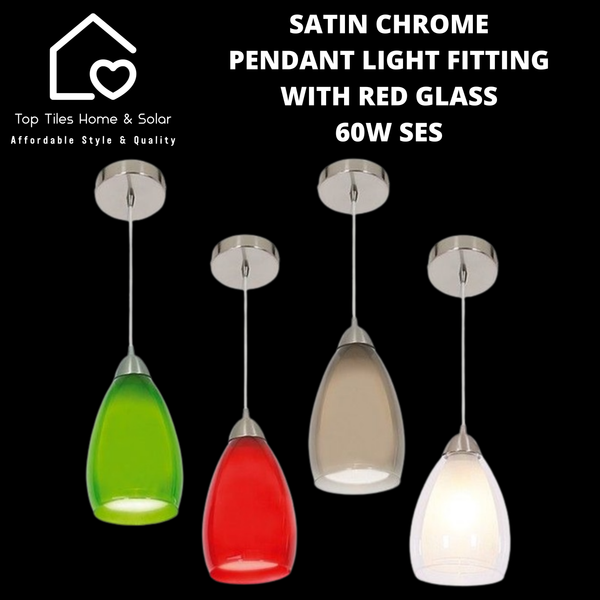 Satin Chrome Pendant Light Fitting with Red Glass - 60W SES