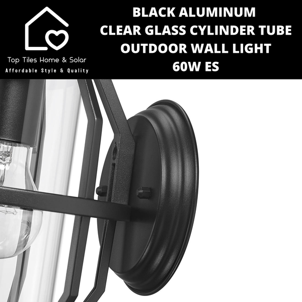 Black Aluminum & Clear Glass Cylinder Tube Outdoor Wall Light - 60W ES