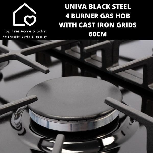 Univa Black Steel 4 Burner Gas Hob with Cast Iron Grids - 60cm