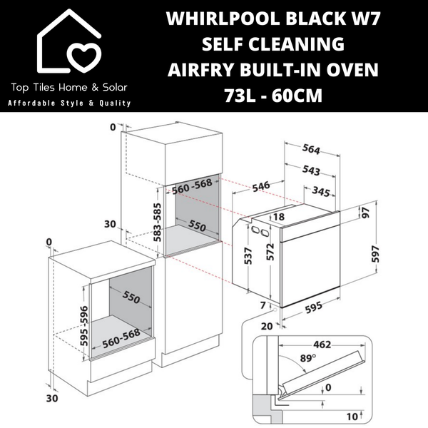 Whirlpool Black W7 Self Cleaning AirFry 73L Built-In Oven - 60cm