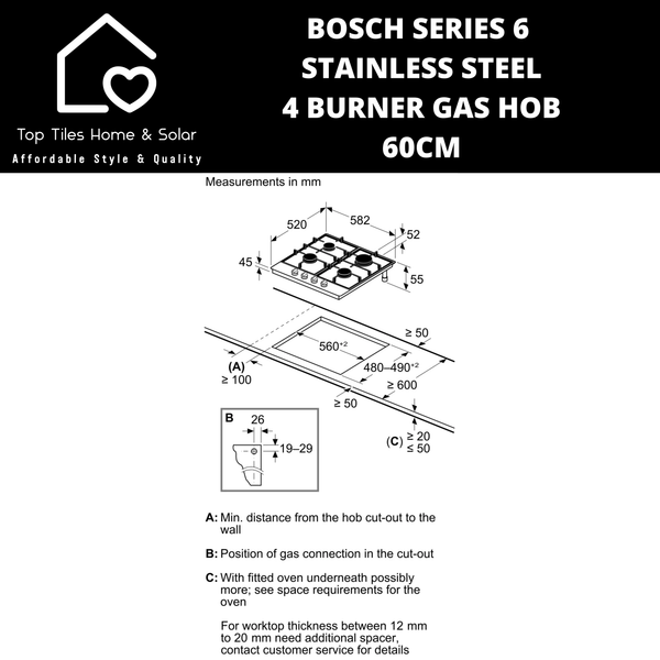 Bosch Series 6 - Stainless Steel 4 Burner Gas Hob - 60cm
