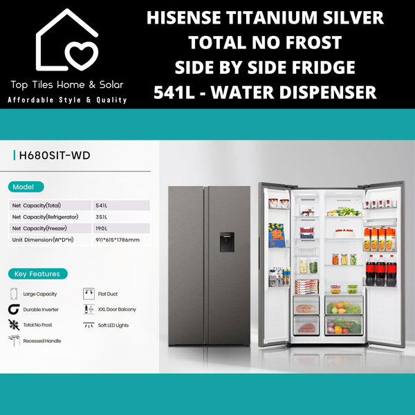 Hisense Titanium Silver Total No Frost Side by Side Fridge - 541L Water Dispenser