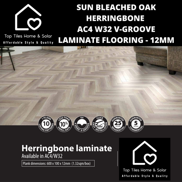 Sun Bleached Oak Herringbone AC4 W32 V-Groove Laminate Flooring - 12mm