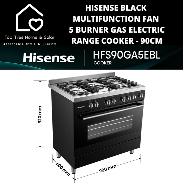Hisense Black Multifunction Fan 5 Burner Gas Electric Range Cooker - 90cm