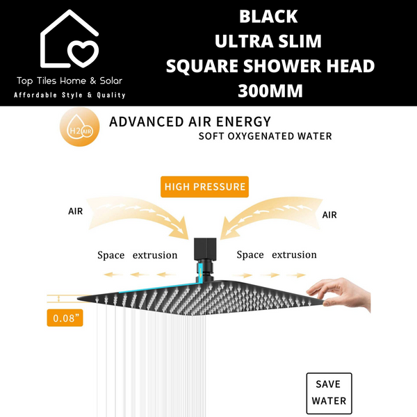 Black Ultra Slim Square Shower Head - 300mm