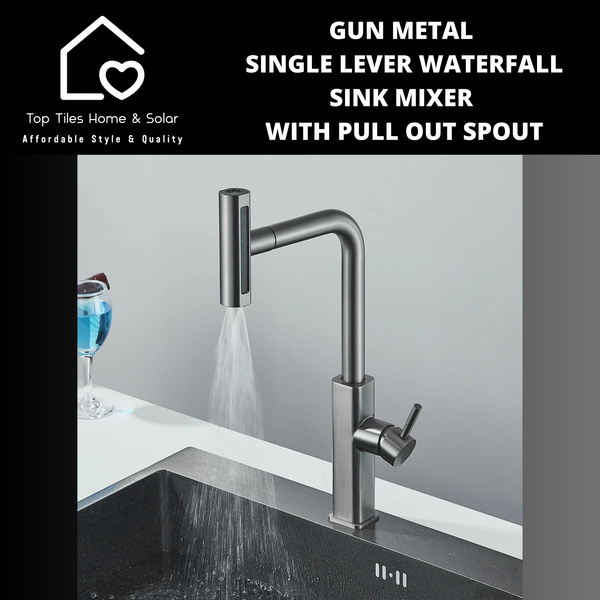 Gun Metal Lever Waterfall Sink Mixer With Pull Out Spout