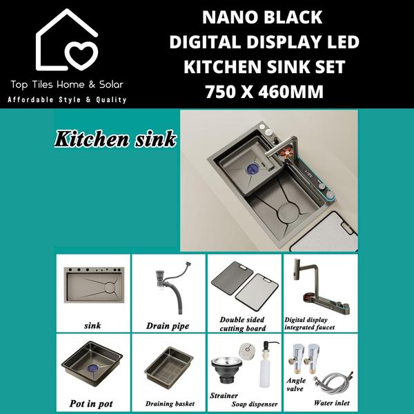 Nano Black Digital Display LED Kitchen Sink Set - 750 x 460mm