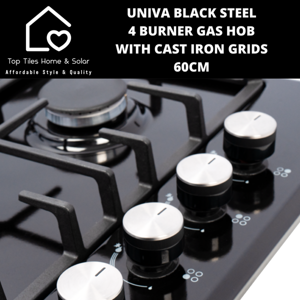Univa Black Steel 4 Burner Gas Hob with Cast Iron Grids - 60cm