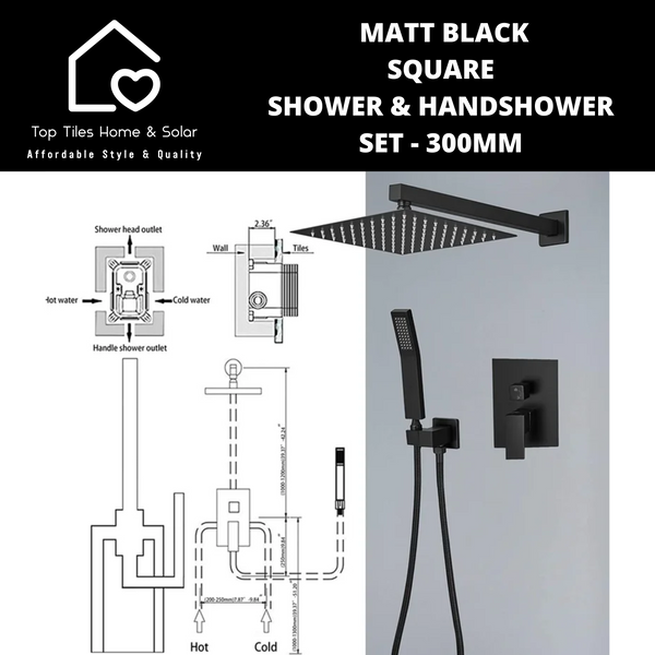 Matt Black Square Shower & Handshower Set - 300mm