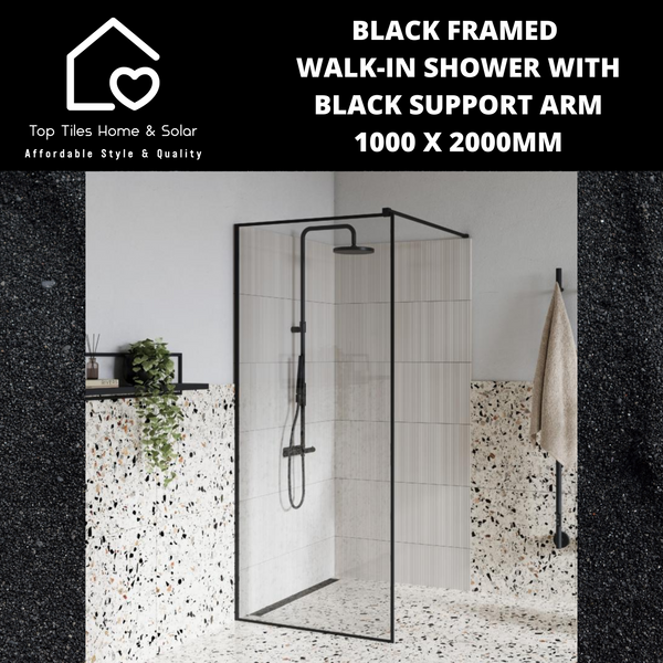 Black Framed Walk-in Shower with Black Support Arm - 1000 x 2000mm