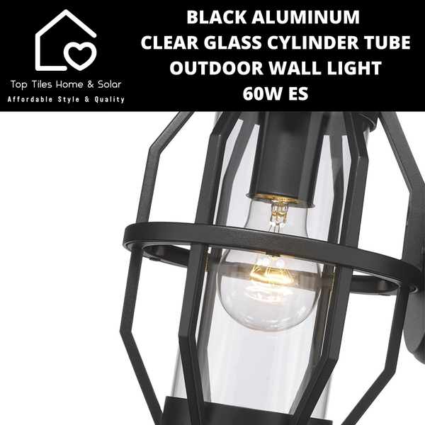 Black Aluminum & Clear Glass Cylinder Tube Outdoor Wall Light - 60W ES