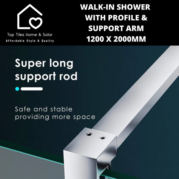 Chrome Walk-in Shower with Support Arm - 1200 x 2000mm