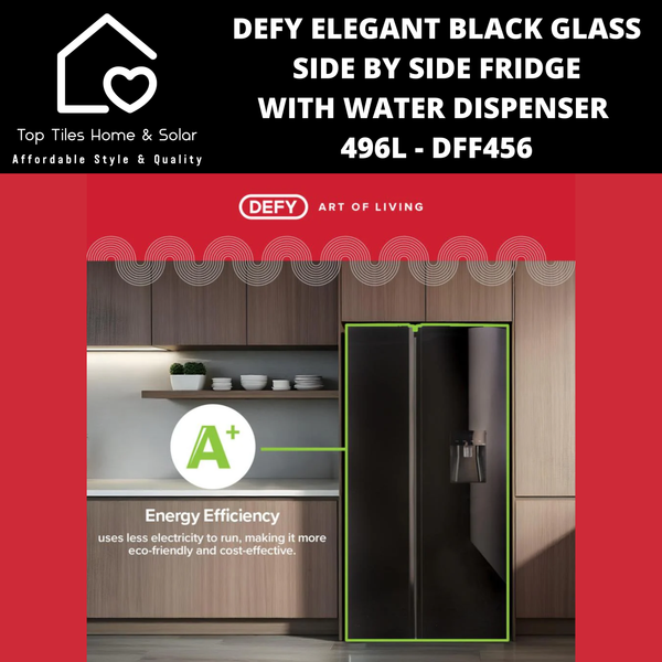 Defy Elegant Black Glass Side by Side Fridge - 496L Water Dispenser DFF456