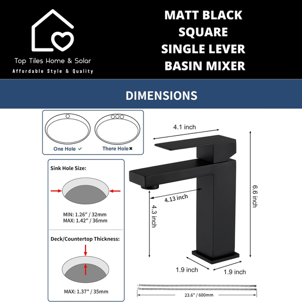 Matt Black Square Single Lever Basin Mixer