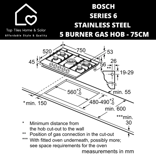 Bosch Series 6 Stainless Steel  5 Burner Gas Hob - 75cm
