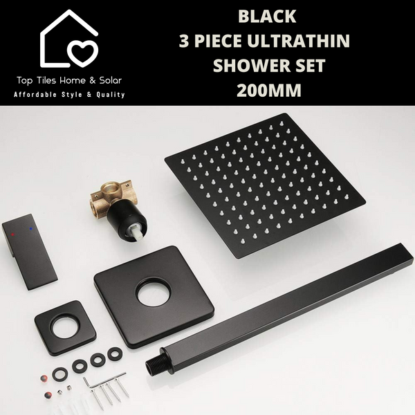 Black 3 Piece Ultrathin Shower Set - 200mm Square