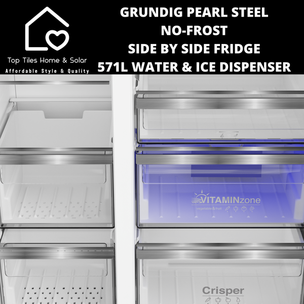 Grundig Pearl Steel No-Frost Side by Side Fridge - 571L Water & Ice Dispenser