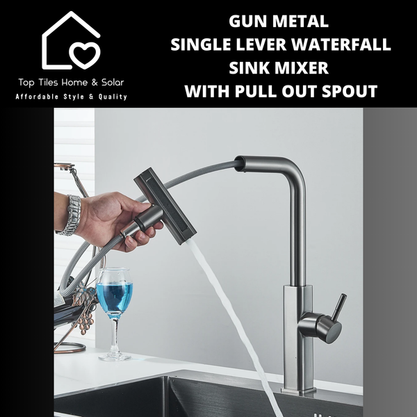 Gun Metal Lever Waterfall Sink Mixer With Pull Out Spout