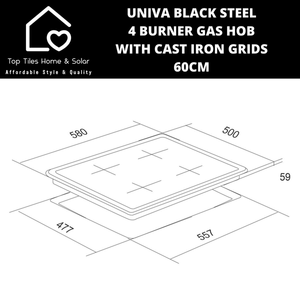 Univa Black Steel 4 Burner Gas Hob with Cast Iron Grids - 60cm