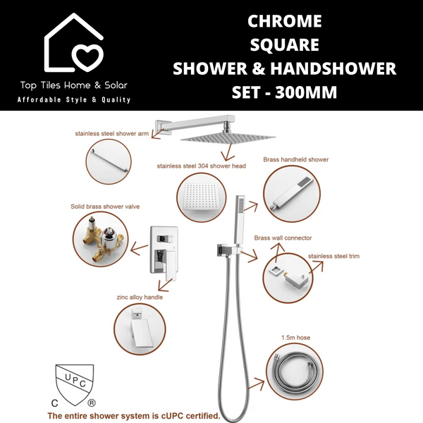 Chrome Square Shower & Handshower Set - 300mm