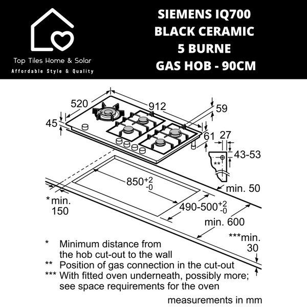 Siemens iQ700 - Black Ceramic 5 Burner Gas Hob - 90cm