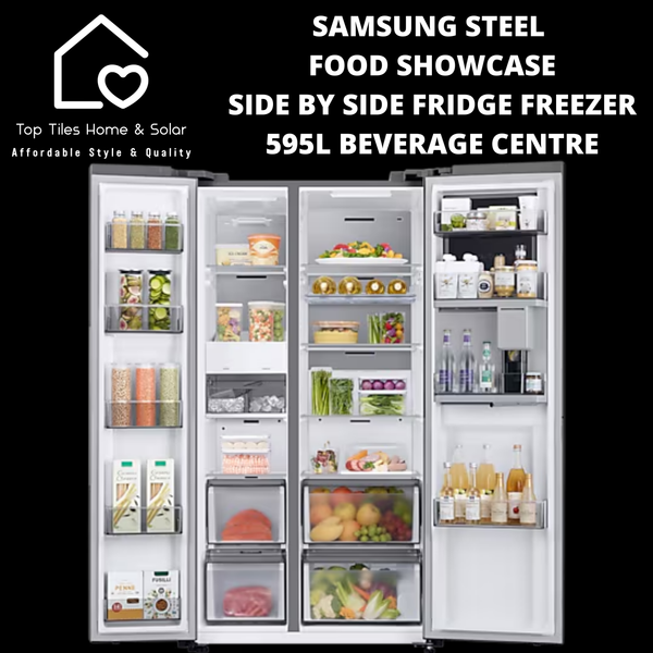 Samsung Steel Food Showcase Side by Side Fridge Freezer - 595L Beverage Centre