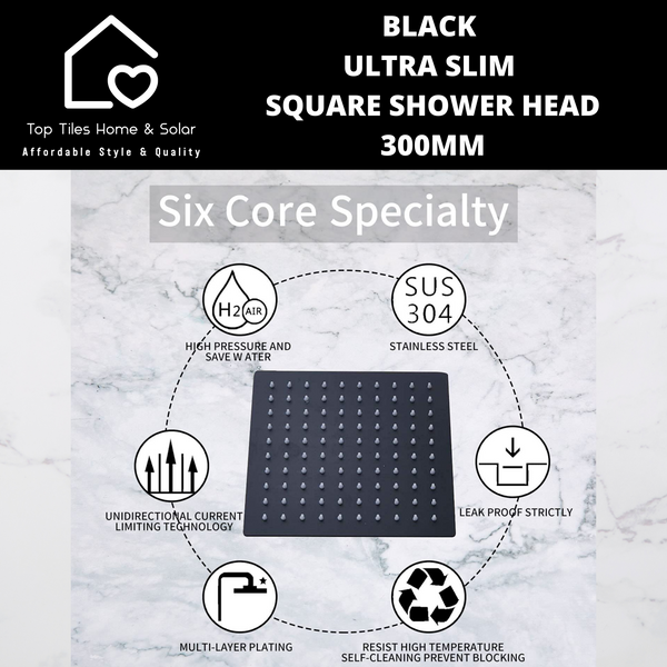 Black Ultra Slim Square Shower Head - 300mm