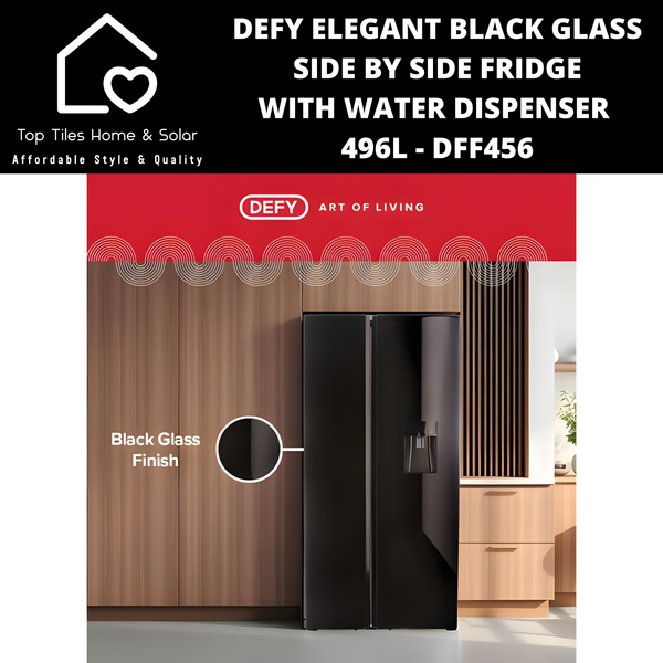 Defy Elegant Black Glass Side by Side Fridge - 496L Water Dispenser DFF456