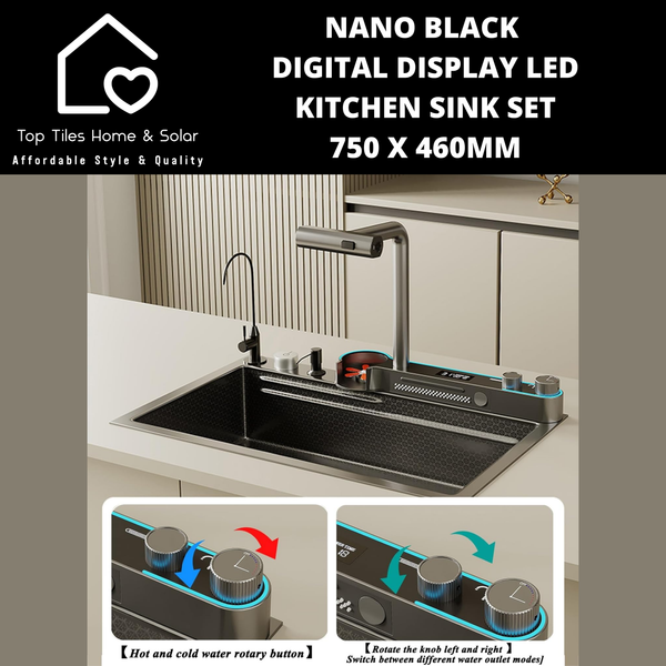 Nano Black Digital Display LED Kitchen Sink Set - 750 x 460mm
